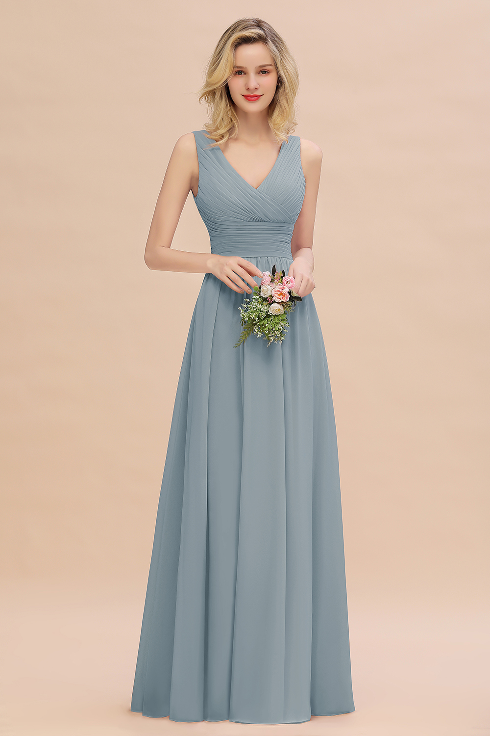 Elegant A-line V-Neck Ruffles Long Bridesmaid Dress