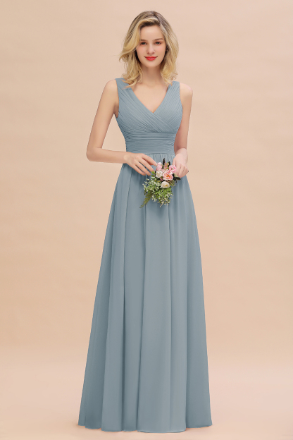 Elegant A-line V-Neck Ruffles Long Bridesmaid Dress