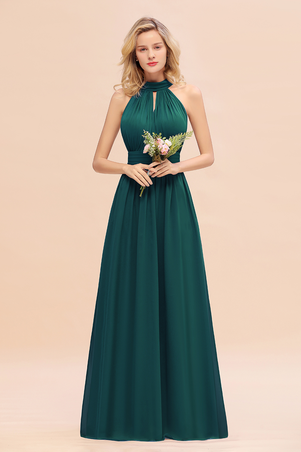 BM0758 Glamorous High-Neck Halter Bridesmaid Affordable Dresses with Ruffle