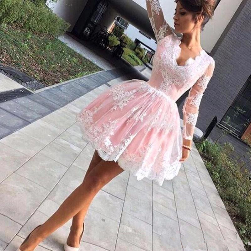 A-Line V-neck Long Sleeves Appliques Lace Tulle Short Homecoming Dress