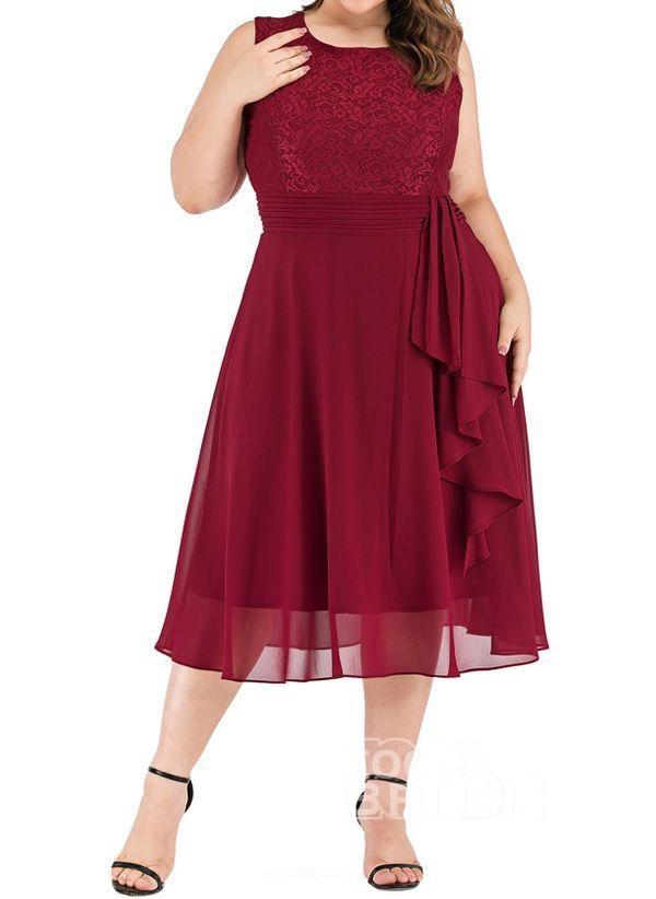 Dark Blue Plus Size Solid Round Neckline Casual Midi X-line Dress Plus Dress