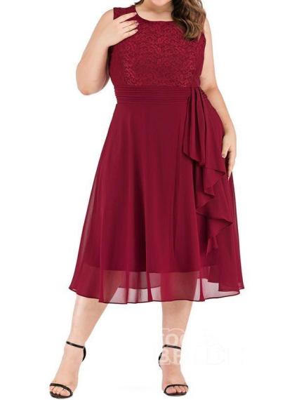 Dark Blue Plus Size Solid Round Neckline Casual Midi X-line Dress Plus Dress