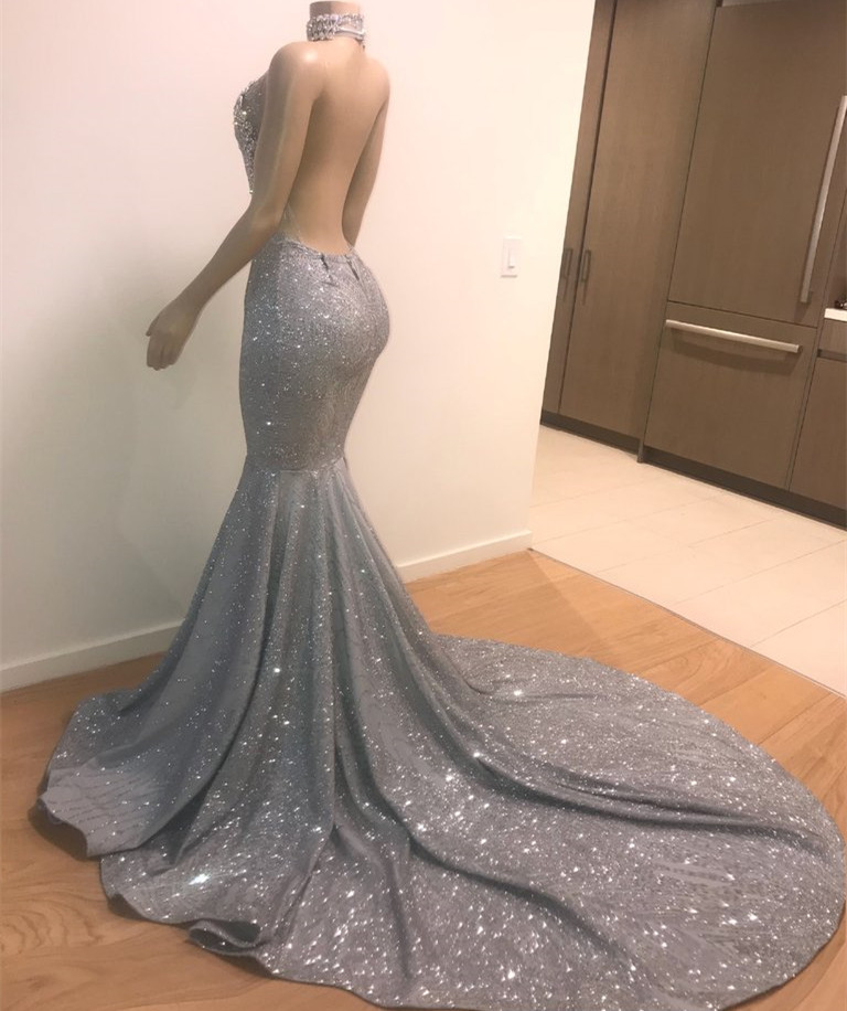 Glamorous Long Mermaid Halter Sleeveless Backless Prom Dress