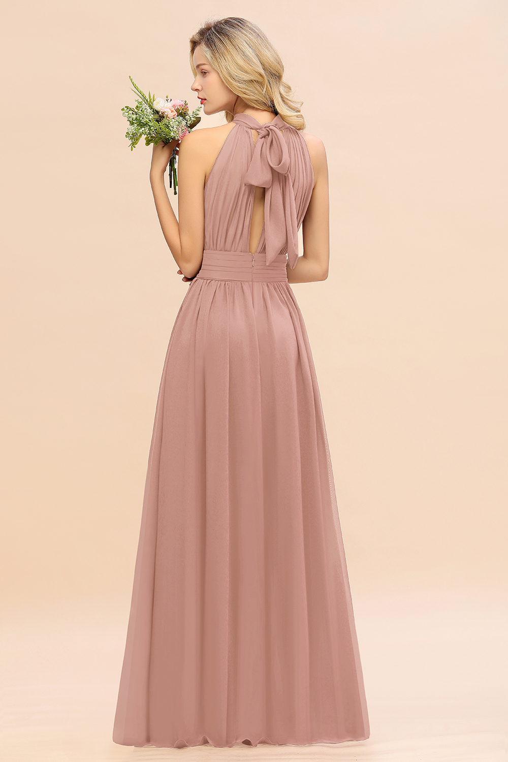 BM0758 Glamorous High-Neck Halter Bridesmaid Affordable Dresses with Ruffle
