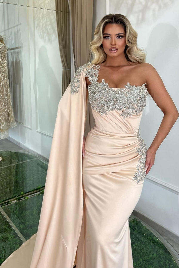 Long One Shoulder Satin Floor Length Mermaid Prom Dress with Ruffles