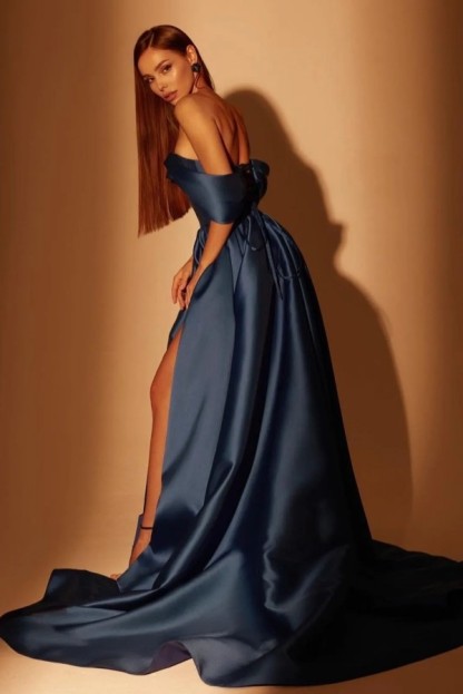 Modest Long A-line Off the Shoulder Satin Formal Prom Dresses with Slit