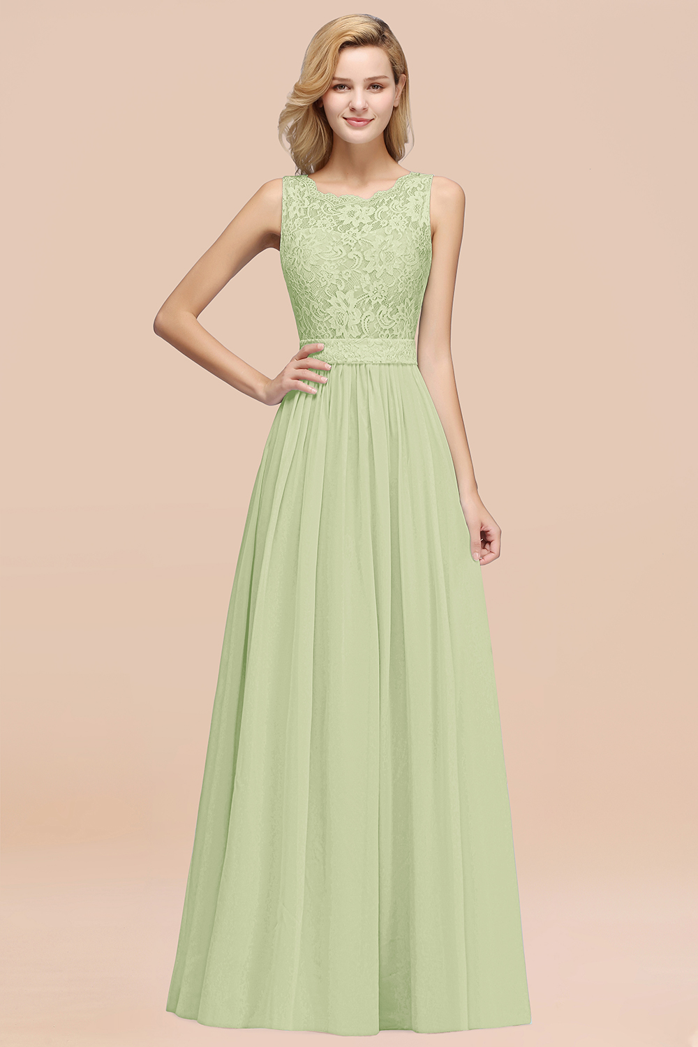 Chiffon A-Line Lace Scalloped Sleeveless Long Ruffles Bridesmaid Dress