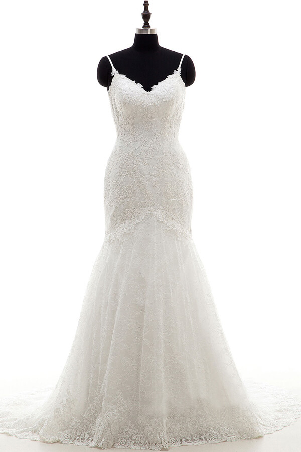 Long Sweetheart Appliques Spaghetti Strap Mermaid Wedding Dress