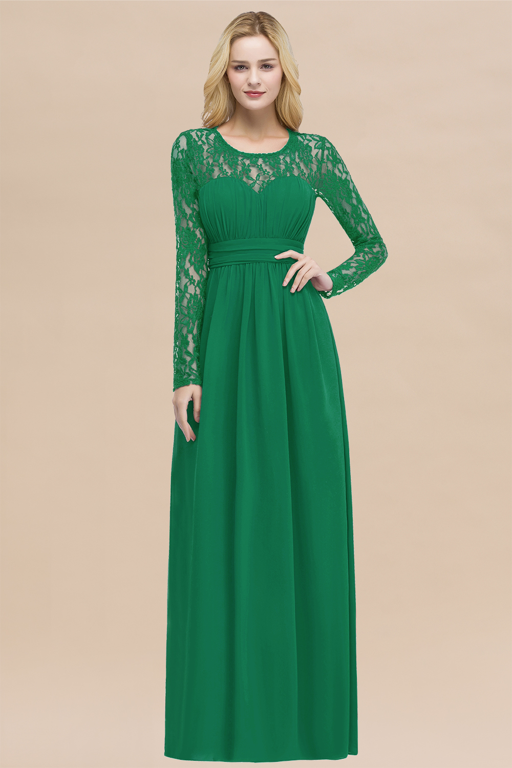 Elegant A-Line Chiffon Jewel Long Sleeves Ruffles Floor-Length Bridesmaid Dresses