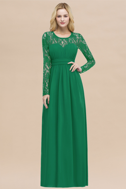 Elegant A-Line Chiffon Jewel Long Sleeves Ruffles Floor-Length Bridesmaid Dresses