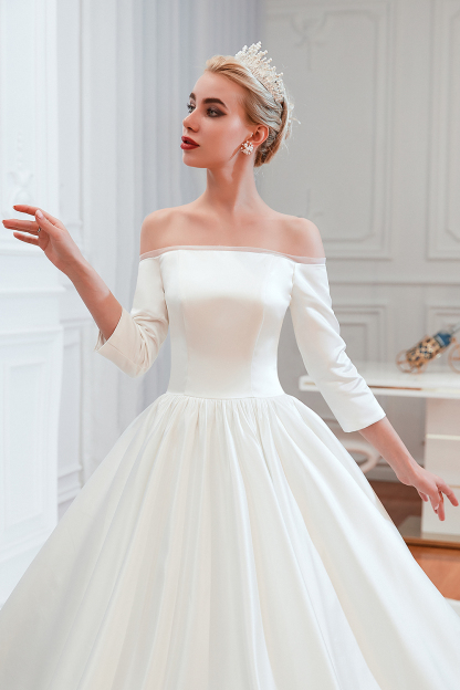 White Long Ball Gown Off Shoulder Lace-up Satin Wedding Dress with Sleeves