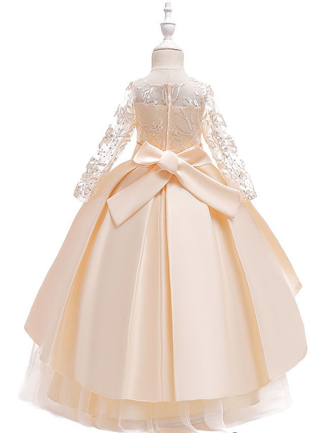 Princess Floor Length Wedding / Party / Pageant Flower Girl Dresses - Lace / Satin / Tulle Long Sleeve Jewel Neck With Lace / Belt / Crystals