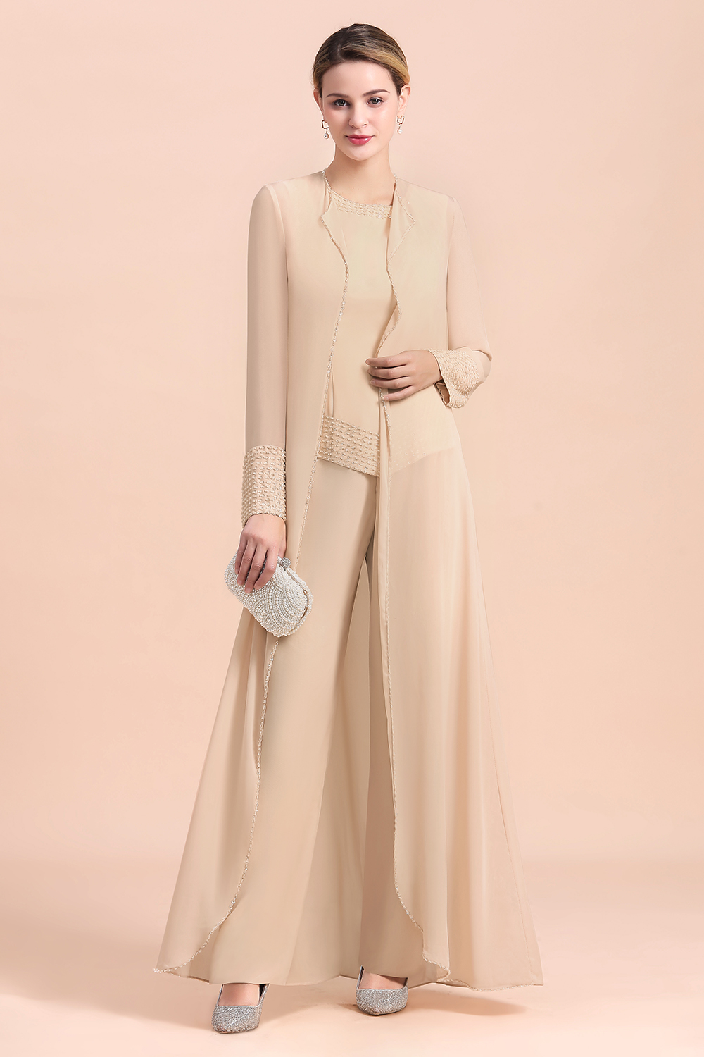 Two Pieces Champagne Long Sleeve Chiffon Mother of the Bride Dress With Jacket
