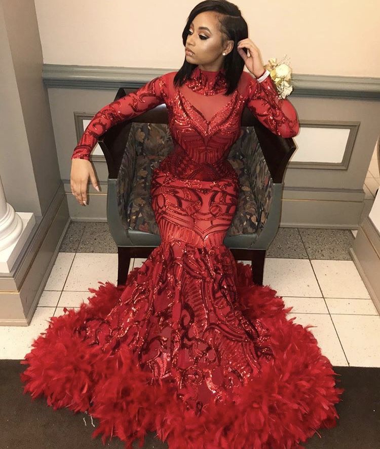 Long Mermaid High Neck Sequined Prom Dress with Sleeves