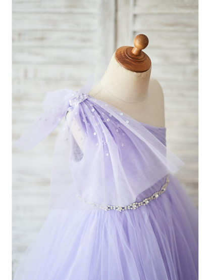 Ball Gown Floor Length Wedding / Birthday Flower Girl Dresses - Tulle Sleeveless One Shoulder With Belt / Bow(S)