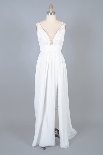 Long V-neck Front Slit Lace Chiffon Sheath Wedding Dress