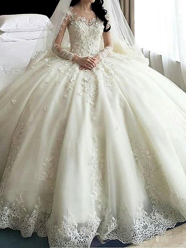Ivory Long Ball Gown Sweetheart Tulle Lace Wedding Dresses with Sleeves