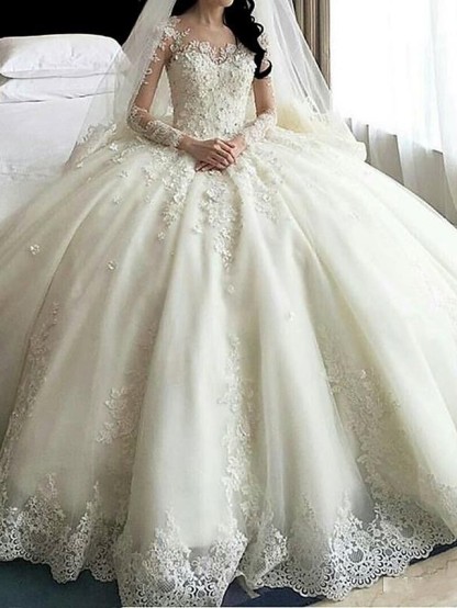 Ivory Long Ball Gown Sweetheart Tulle Lace Wedding Dresses with Sleeves