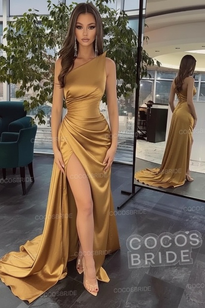 Elegant Black Long Mermaid One Shoulder Satin Prom Dress