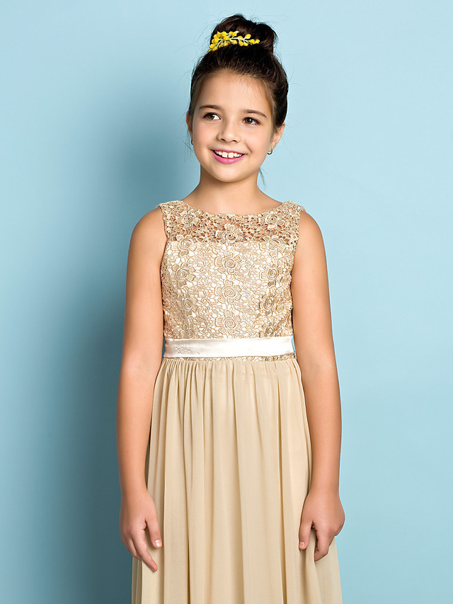 A-Line Scoop Neck Floor Length Chiffon / Lace Junior Bridesmaid Dress With Lace / Natural / Mini Me