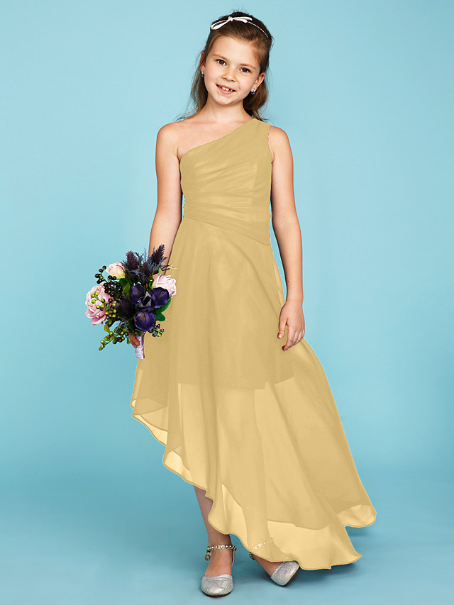 A-Line One Shoulder Asymmetrical Chiffon Junior Bridesmaid Dress With Side Draping / Wedding Party