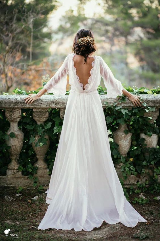 A-line Backless Long Chiffon Beach Wedding Dress with