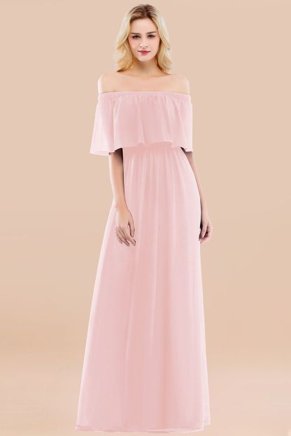 A-line Chiffon Off-the-Shoulder Short-Sleeves Ruffles Floor-length Bridesmaid Dress