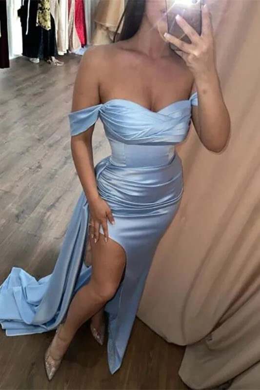 Sky Blue Off The Shoulder Mermaid Split Side Satin Long Prom Dress
