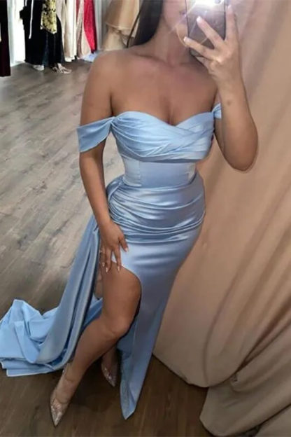 Sky Blue Off The Shoulder Mermaid Split Side Satin Long Prom Dress