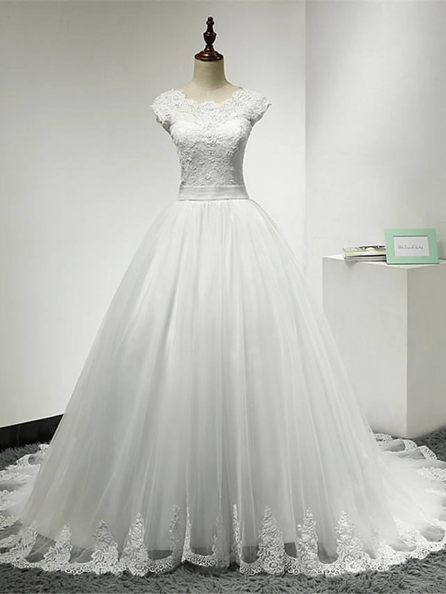 Long Ball Gown Scoop Neck Tulle Lace Cap Sleeve Wedding Dresses