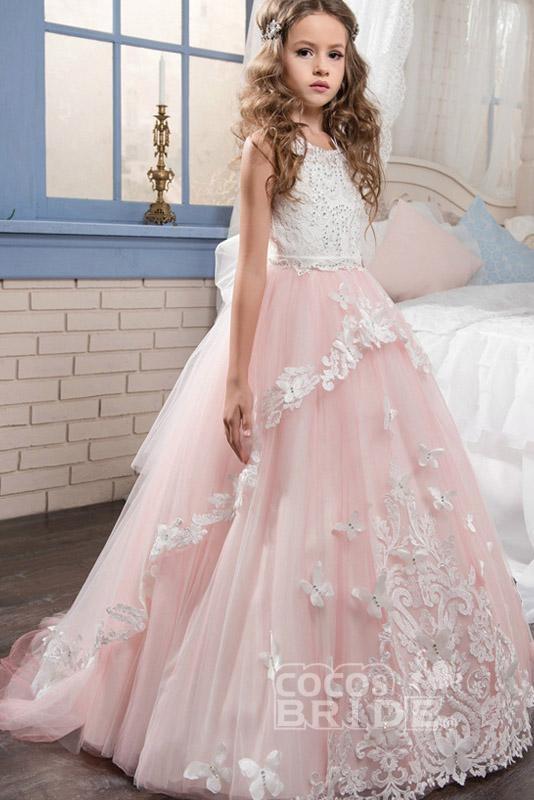 White Scoop Neck Sleeveless Ball Gown Flower Girls Dress