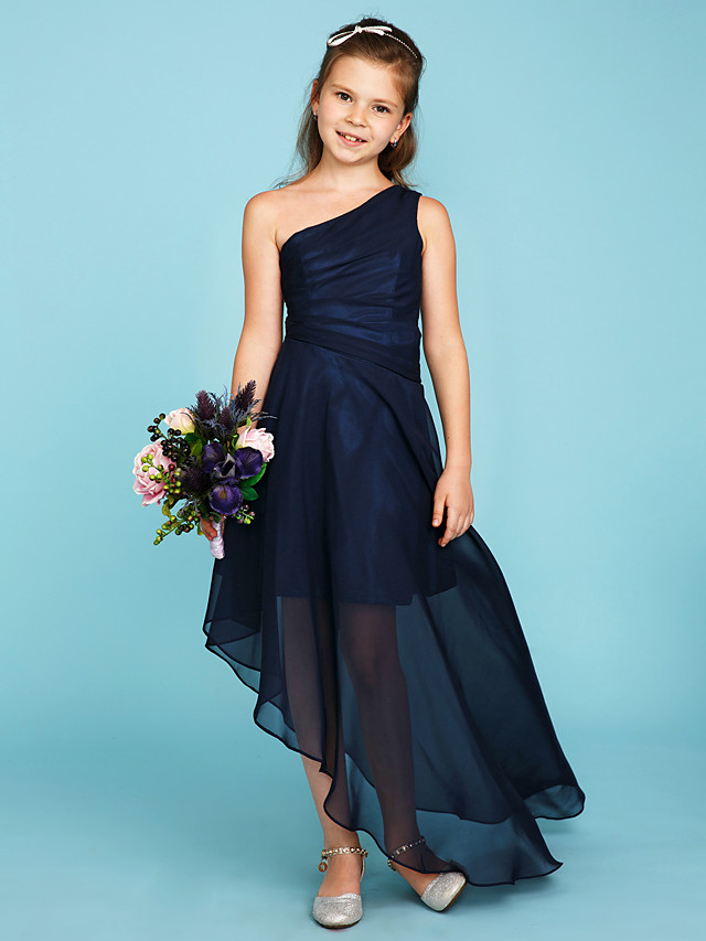 A-Line One Shoulder Asymmetrical Chiffon Junior Bridesmaid Dress With Side Draping / Wedding Party
