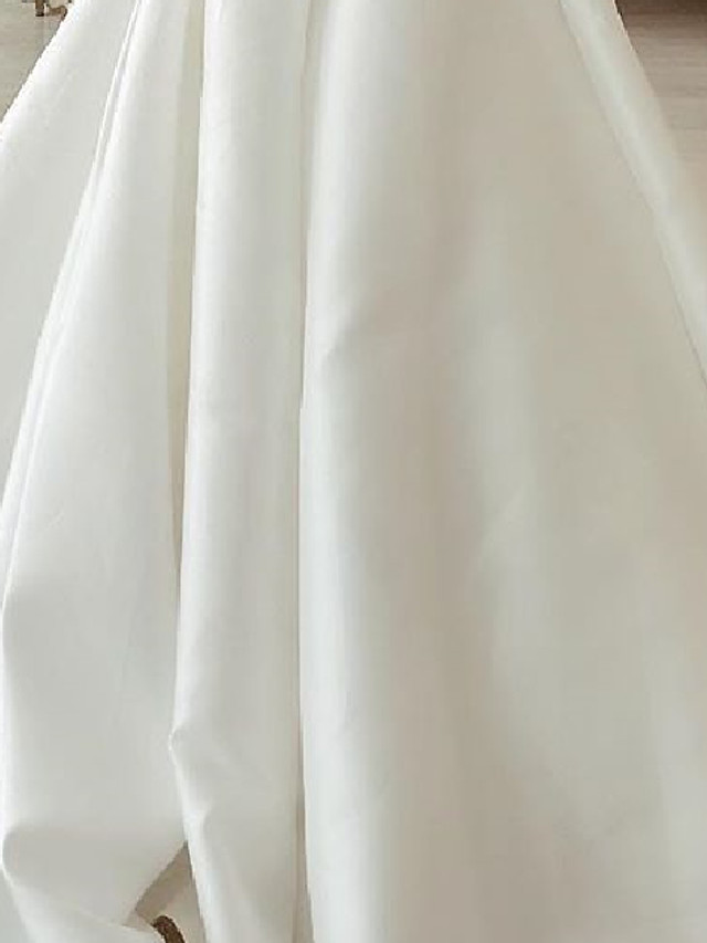 White Long A-line V-neck Satin Sleeveless Wedding Dresses
