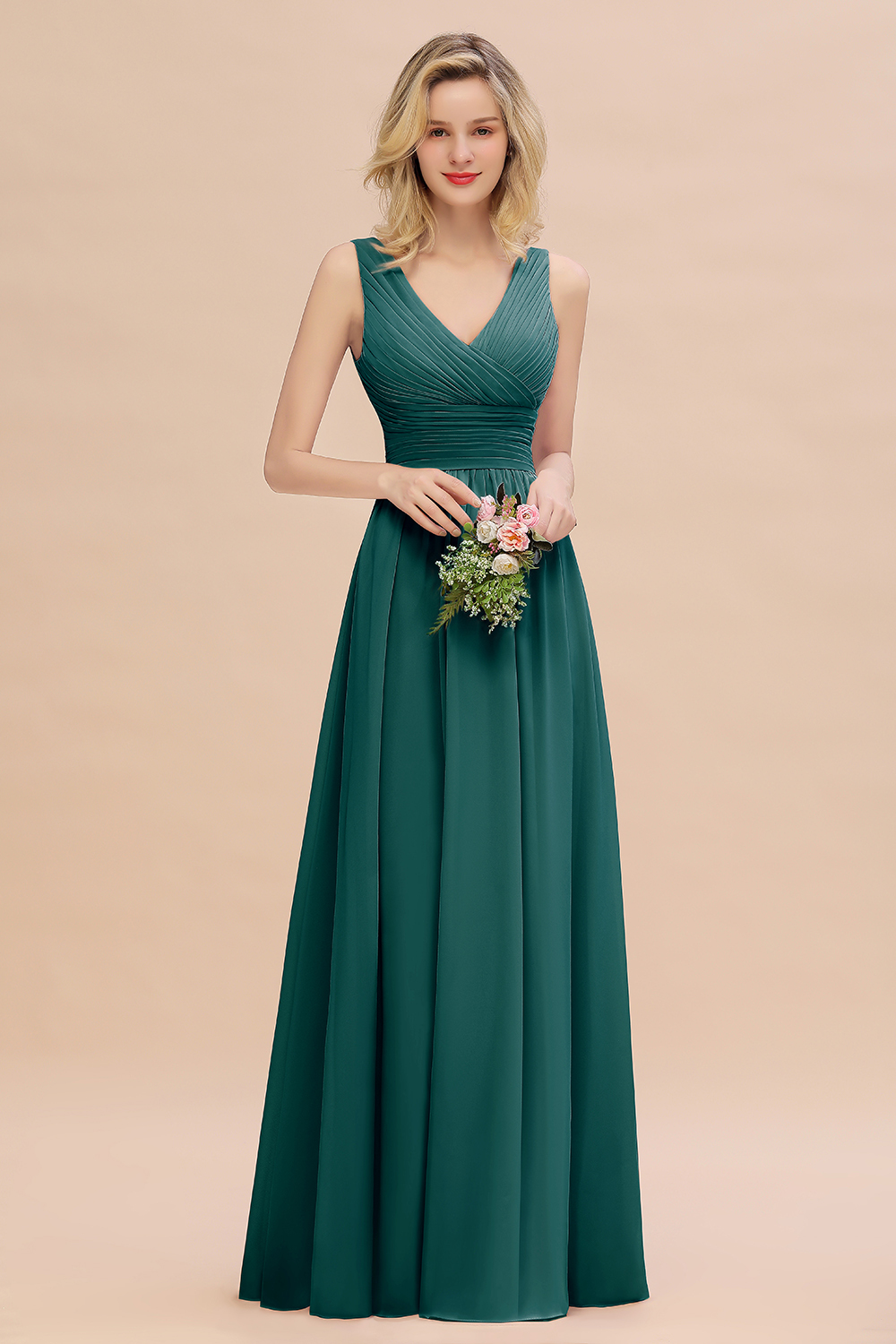 Elegant A-line V-Neck Ruffles Long Bridesmaid Dress