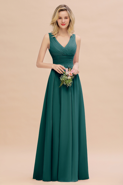 Elegant A-line V-Neck Ruffles Long Bridesmaid Dress