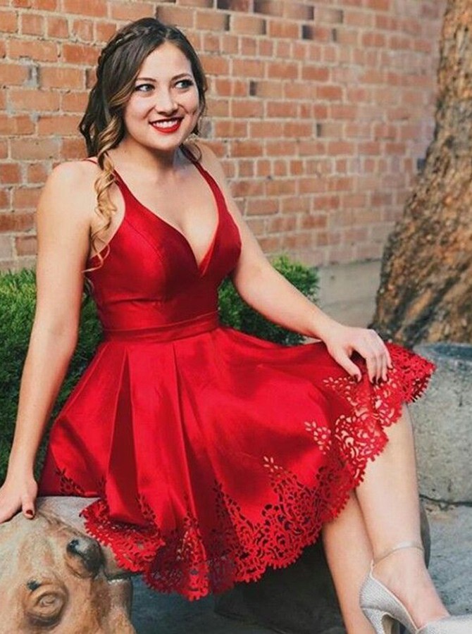 Elegant Short A-line V-neck Satin Prom Dress