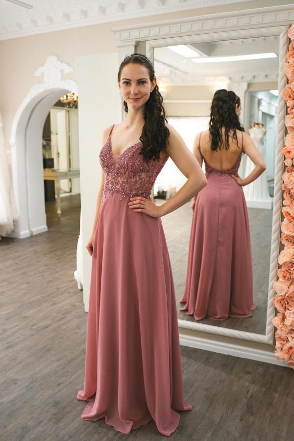 Elegant A-line Spaghetti Straps V-neck Open Back Crystal Floor-length Chiffon Prom Dress