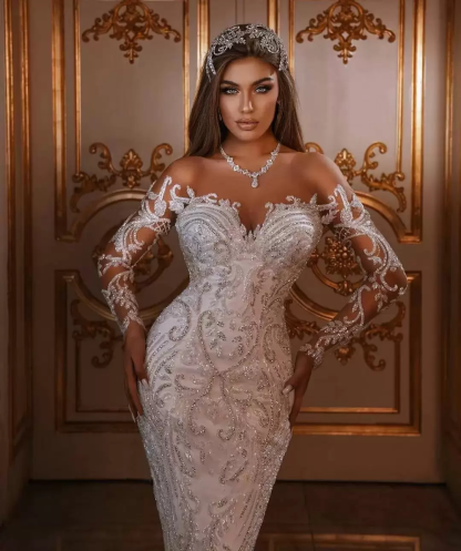 Luxurious Long Mermaid Sweetheart Satin Sweep Train Floral Appliques Wedding Dress with Sleeves