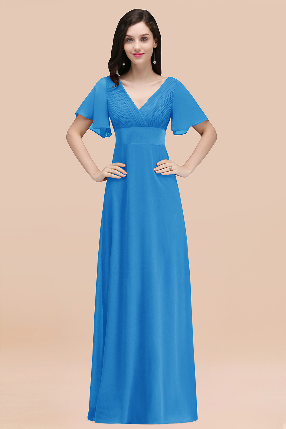Simple A-Line Chiffon V-Neck Short-Sleeves Ruffles Floor-Length Bridesmaid Dresses