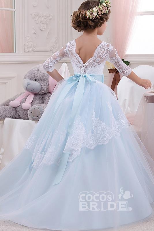 Scoop Neck 3/4 Sleeves Ball Gown Flower Girls Dress