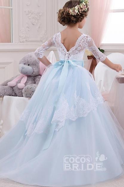 Scoop Neck 3/4 Sleeves Ball Gown Flower Girls Dress