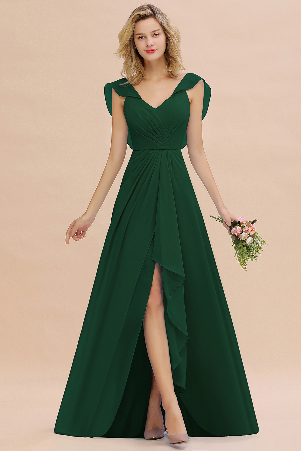 BM0777 Simple Hi-Lo V-Neck Ruffles Long Bridesmaid Dress