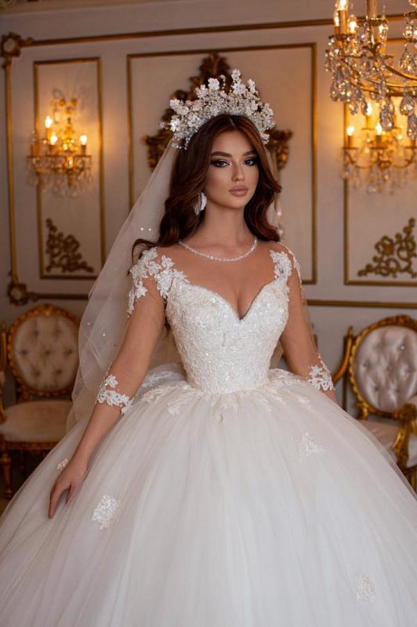 Long Ball Gown Sweetheart Tulle Lace Open Back Wedding Dresses with Sleeves