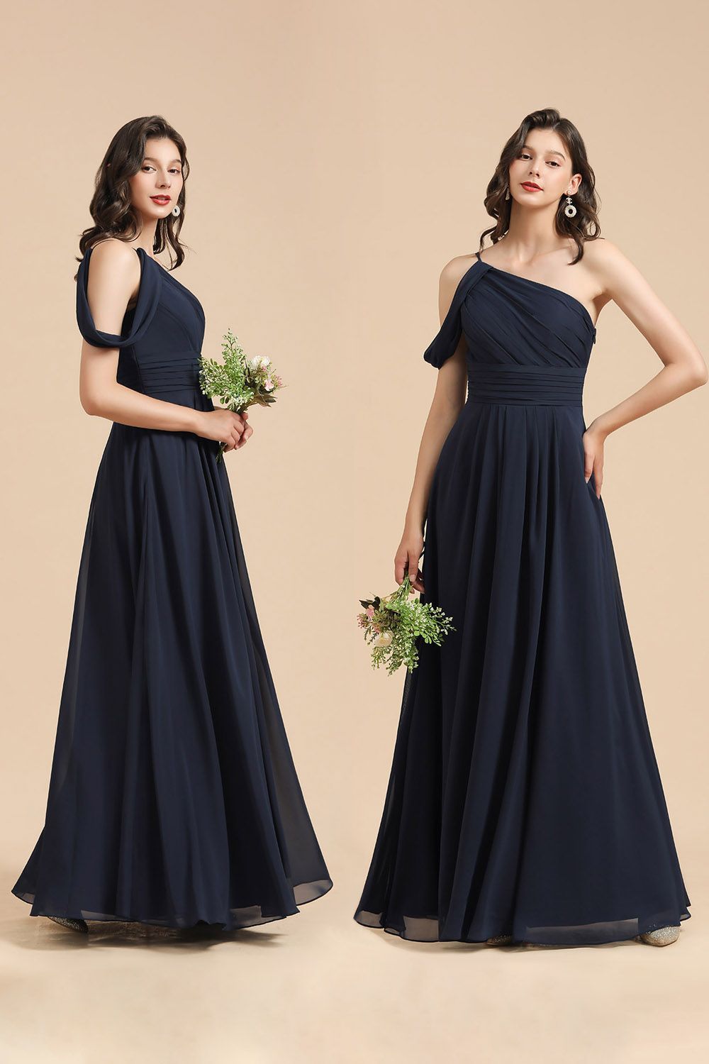 Long A-line Chiffon One Shoulder Bridesmaid Dress Dark Navy Wedding Party Dresses