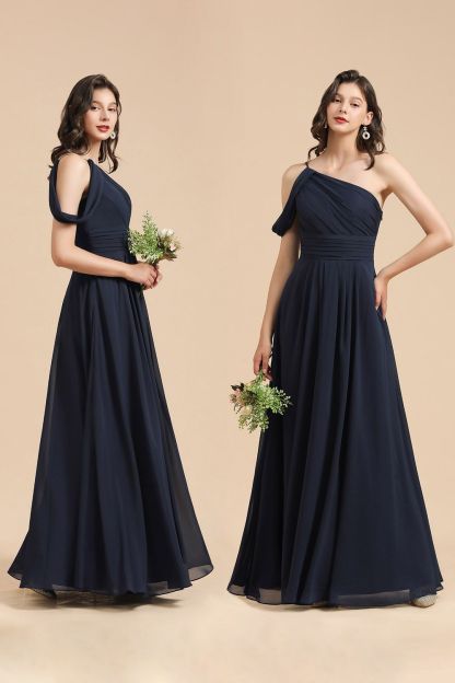 Long A-line Chiffon One Shoulder Bridesmaid Dress Dark Navy Wedding Party Dresses