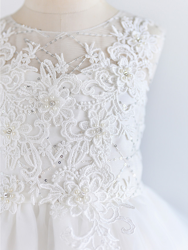 Ball Gown Asymmetrical Wedding / First Communion / Birthday Flower Girl Dresses - Lace / Tulle Sleeveless Jewel Neck With Beading