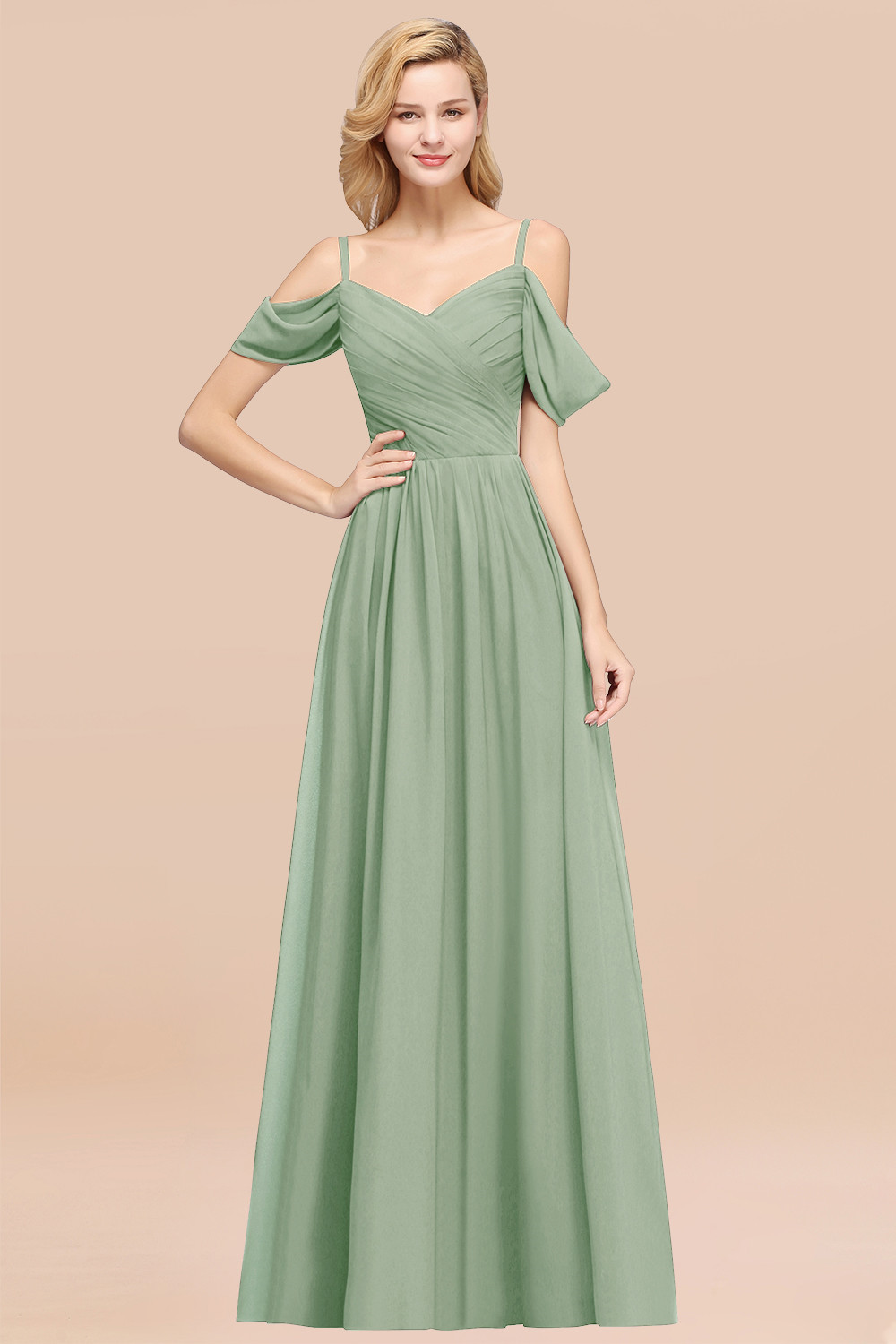 A-Line Chiffon V-Neck Spaghetti Straps Short-Sleeves Floor-Length Bridesmaid Dresses with Ruffles
