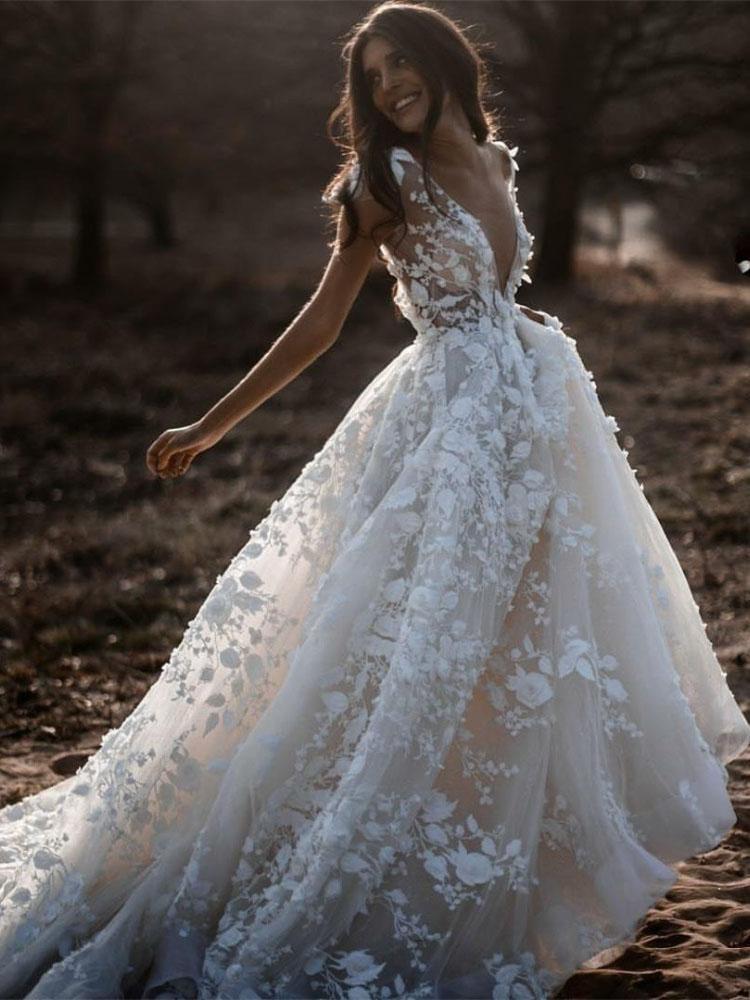chinese dress ladies Elegant Bateau A Line Chiffon Lace Short Sleeve Wedding Dress with App –  DorrisDress main image 1