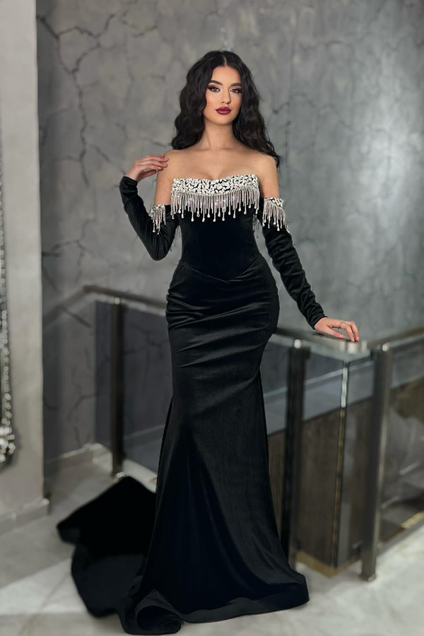 Black Off The Shoulder Long Sleeve Mermaid Formal Dress with Tassels