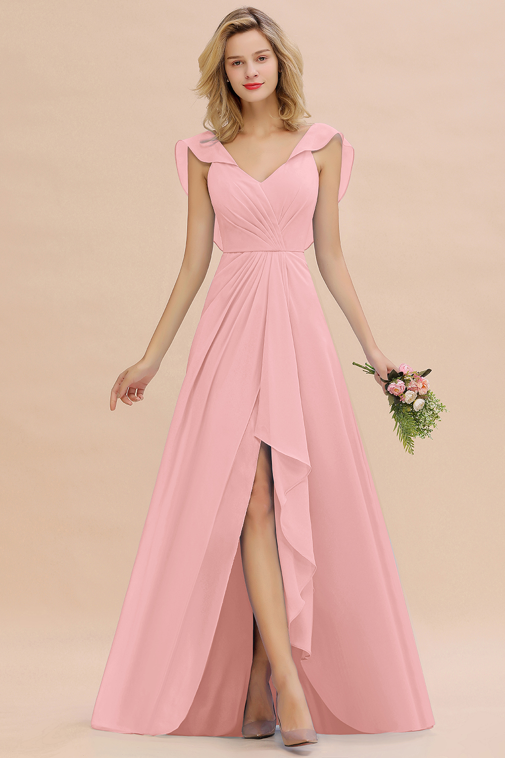 BM0777 Simple Hi-Lo V-Neck Ruffles Long Bridesmaid Dress